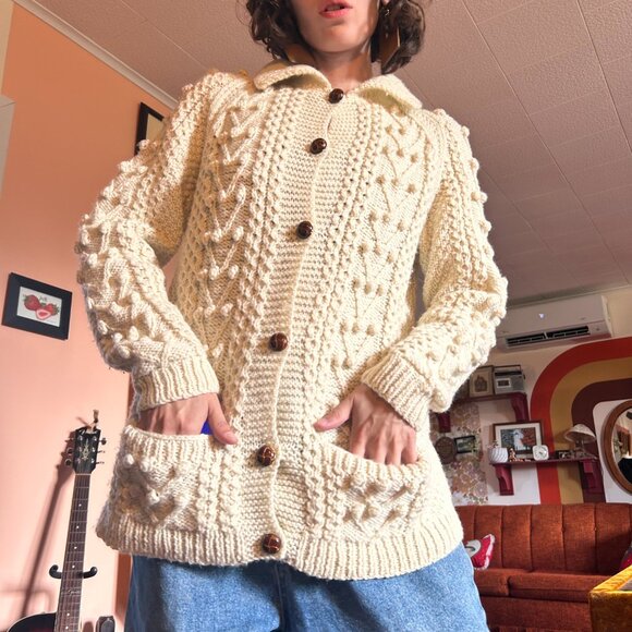 1990s handmade vintage button up wool fishermans aran cardigan! - Picture 5 of 16